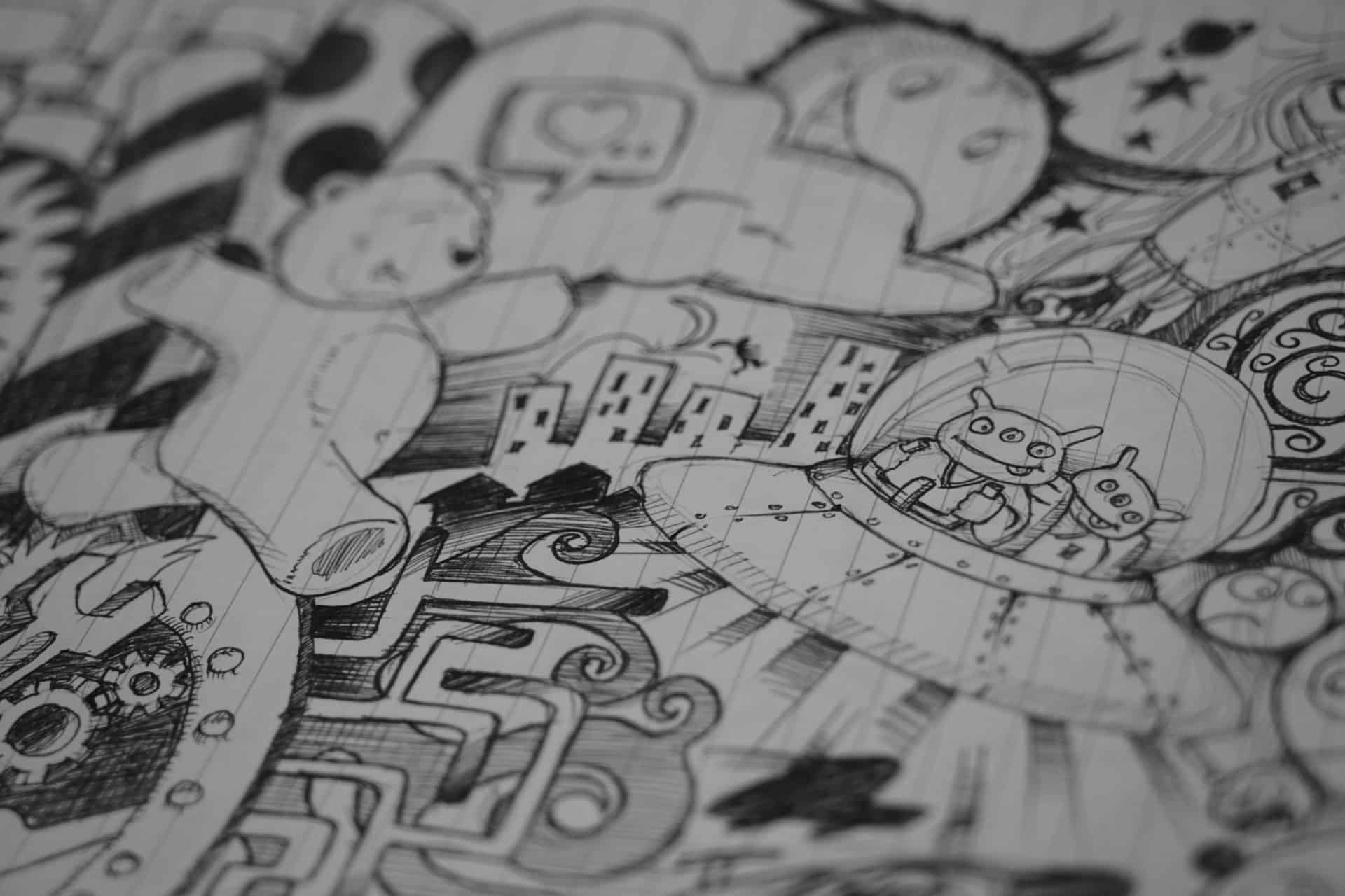 Black and white image of lots of cartoon drawings overlapping each other