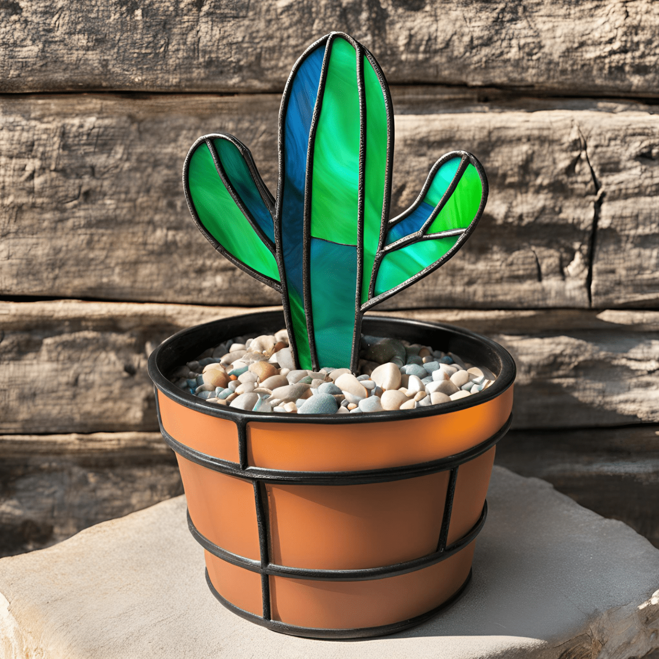 A stained glass piece in the shape of a cactus embedded in a plant pot